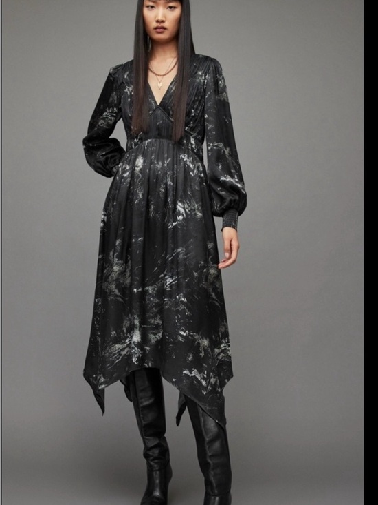 All Saints Dresses & Skirts - AllSaints Estelle Titania gothic black  Marble-Print V-Neck asymmetrical hem 10